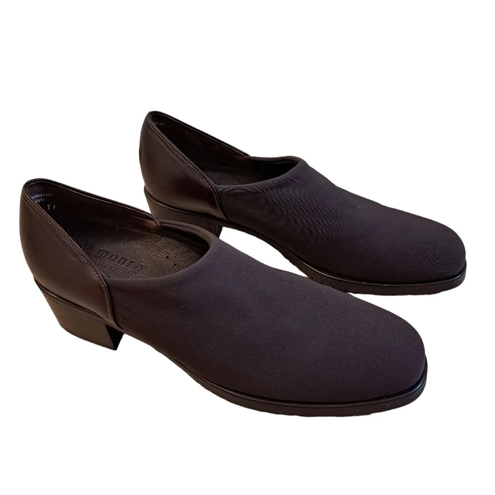 Munro American‎ Brown Stretch Fabric Leather Slip On Block Heel Shoes Size 7 KS